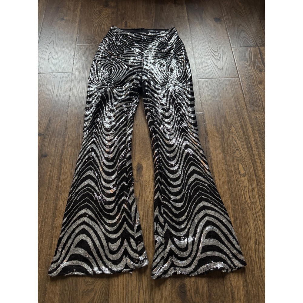 Nasty Gal Collection Sequin Flare Pants Silver Black Zebra Swirl High Waist 4